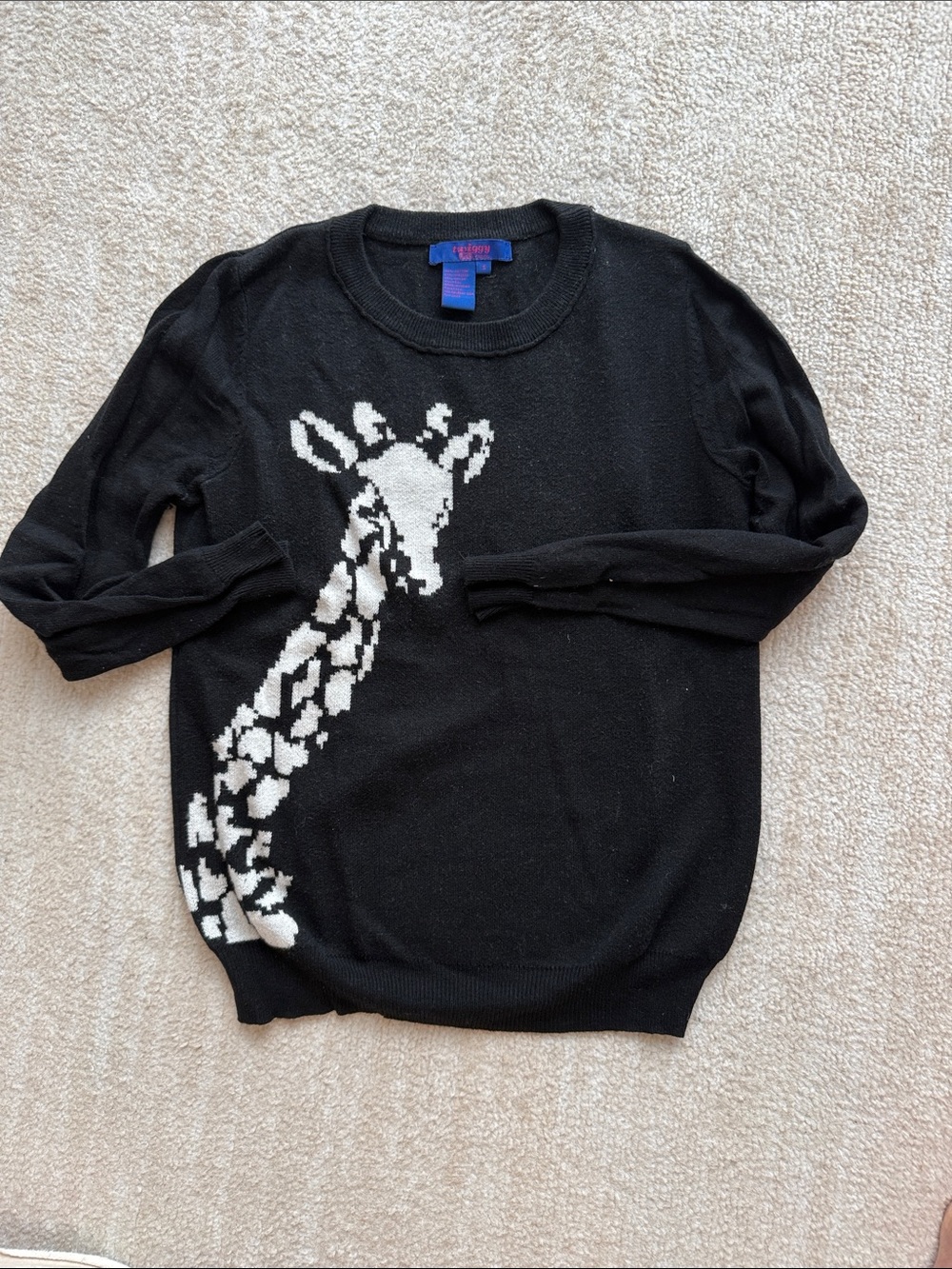 twiggy LONDON Black Crewneck Sweater with Cream Giraffe Motif